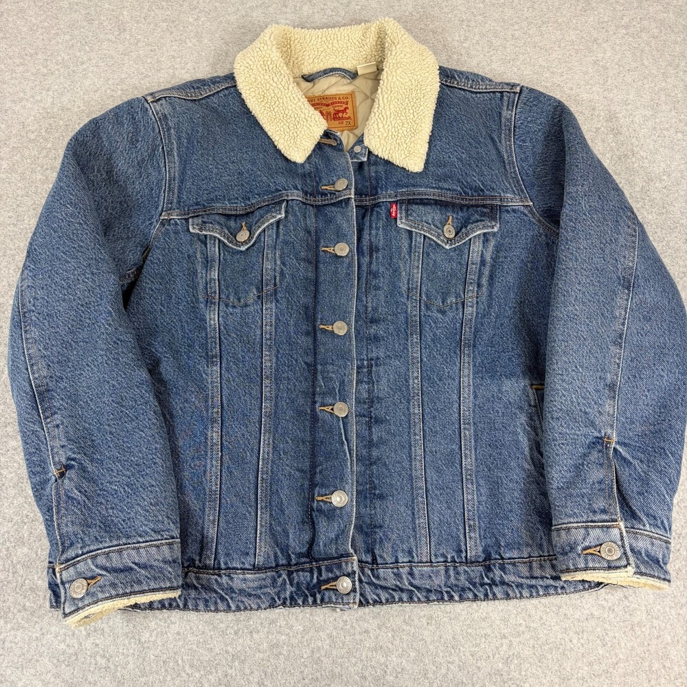 Levis Denim Jacket Womens 2X Blue Sherpa Lined Faux Fur Jeans Trucker Biker
